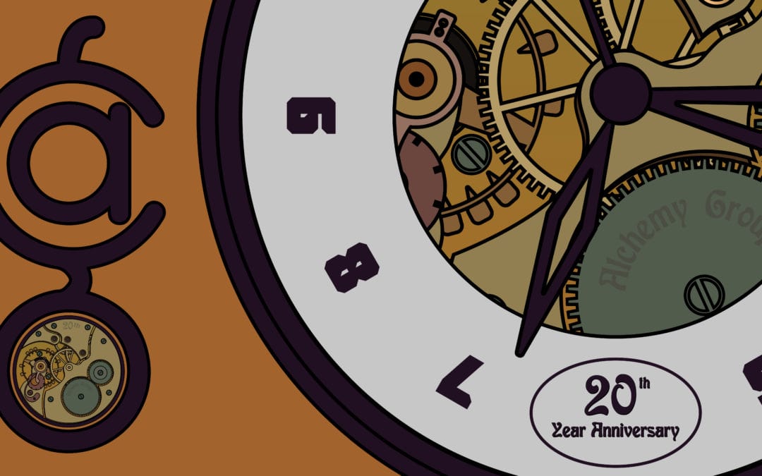 ai_robot_li Illustrated clock design with visible gears and the text “20th Year Anniversary,” symbolizing Alchemy Group’s two decades of innovation and growth.