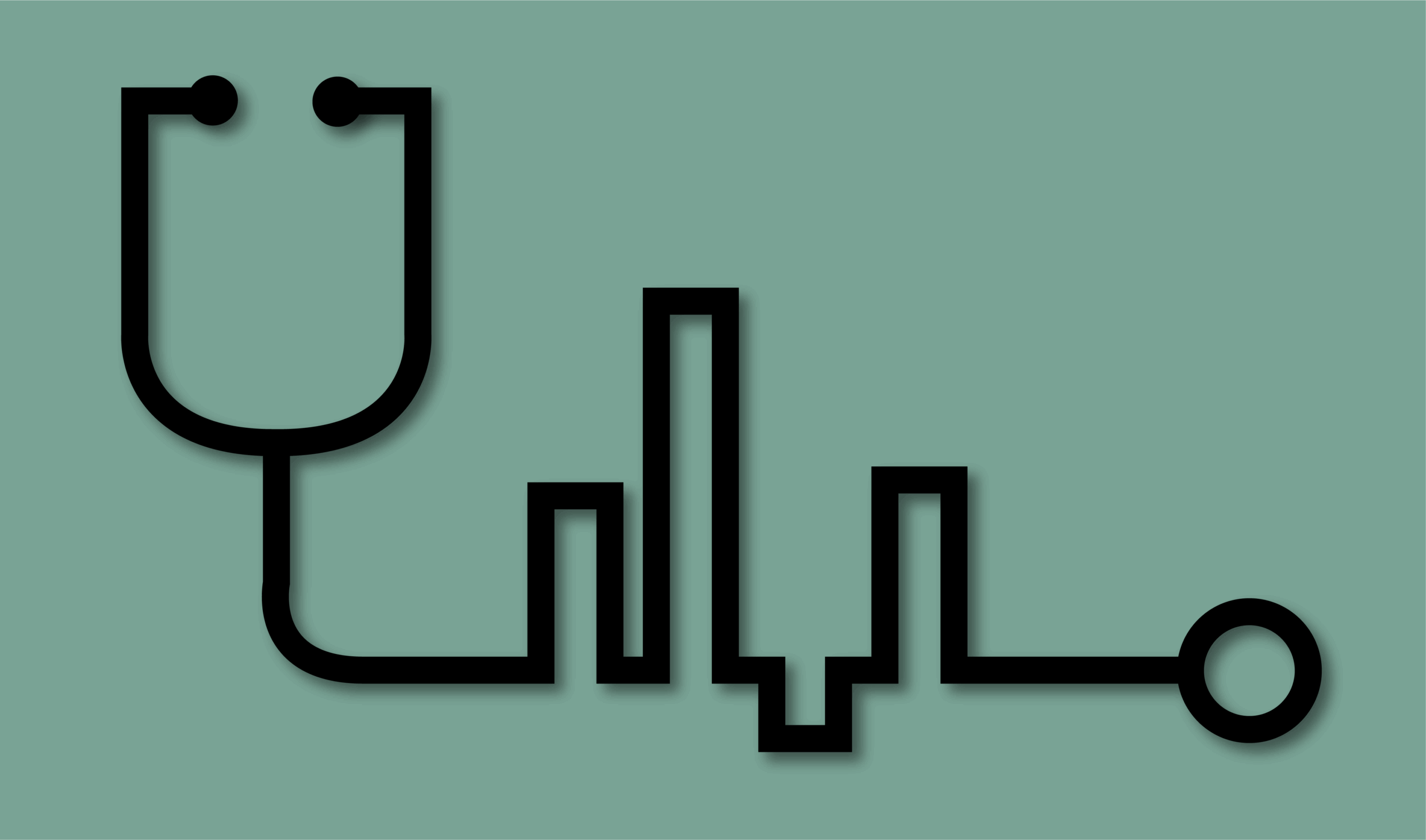 ai_robot_li Minimalist illustration of a black stethoscope whose tubing forms the shape of a heartbeat line on a muted green background.
