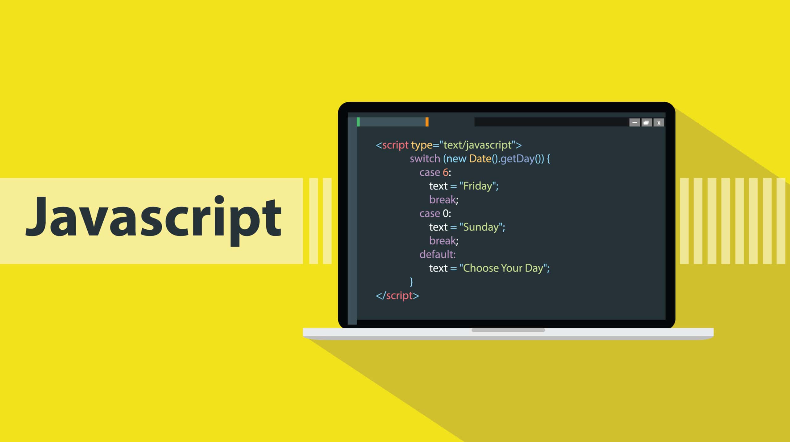 An illustration of a laptop displaying JavaScript code on a bright yellow background with the word “JavaScript” written beside it.
