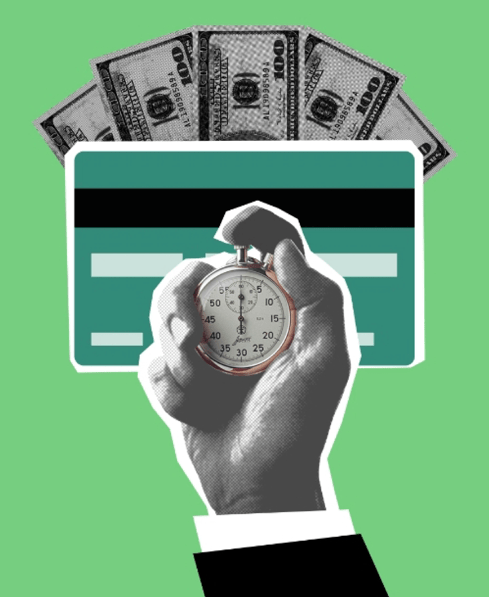 Time is money illustration - stopwatch with credit card and cash in background