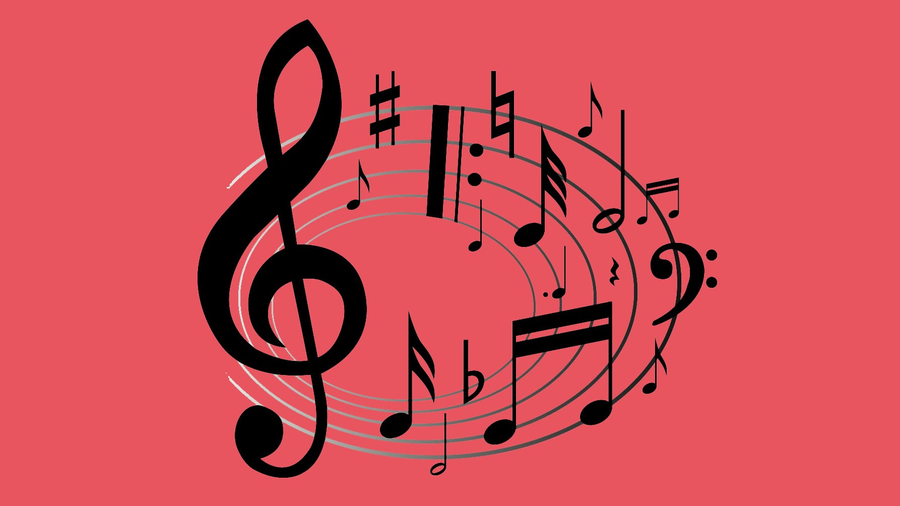 ai_robot_li Illustration of musical notes and symbols swirling around a large treble clef on a red background.