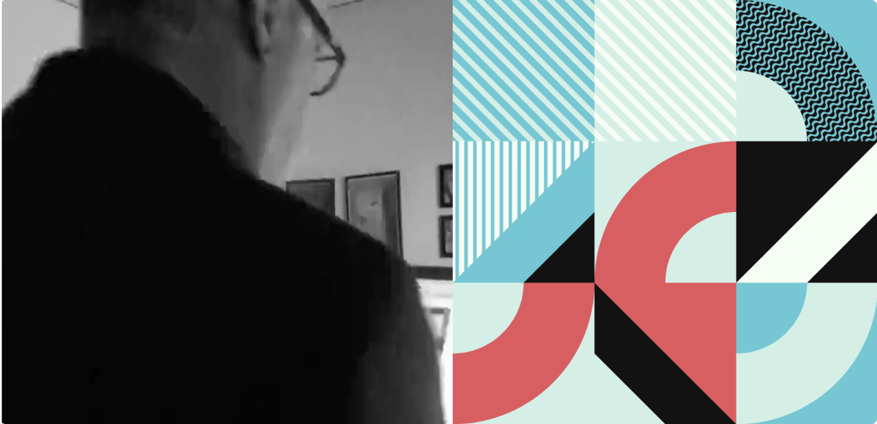 Split-screen image showing a person in a black-and-white room on the left and colorful geometric abstract patterns in red, blue, black, and white on the right.