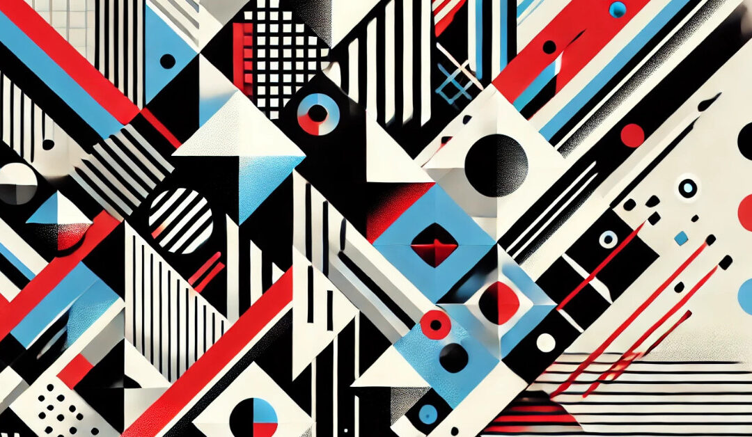 Abstract geometric illustration featuring bold shapes, lines, and colors representing innovation, structure, and the impact of custom desktop applications on business efficiency.