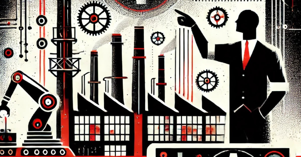 Illustration of a business leader overseeing a modern factory with robotic arms and gears, representing industrial automation and customized software solutions for manufacturing.
