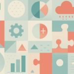 Abstract illustration with geometric shapes, charts, and icons symbolizing data, growth, and software integration concepts.