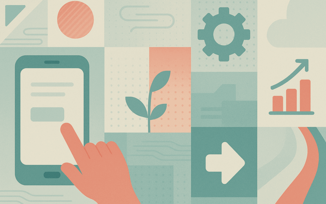 Abstract illustration showing a hand interacting with a smartphone, surrounded by icons of growth, settings, and progress, symbolizing mobile-optimized business software and digital innovation.