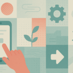 Abstract illustration showing a hand interacting with a smartphone, surrounded by icons of growth, settings, and progress, symbolizing mobile-optimized business software and digital innovation.