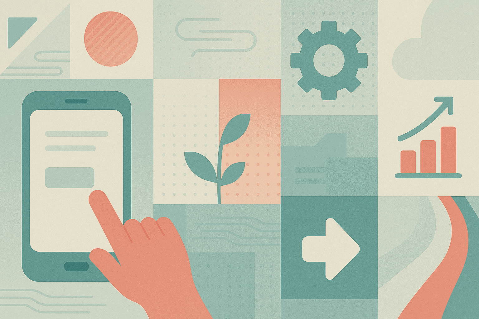 Abstract illustration showing a hand interacting with a smartphone, surrounded by icons of growth, settings, and progress, symbolizing mobile-optimized business software and digital innovation.