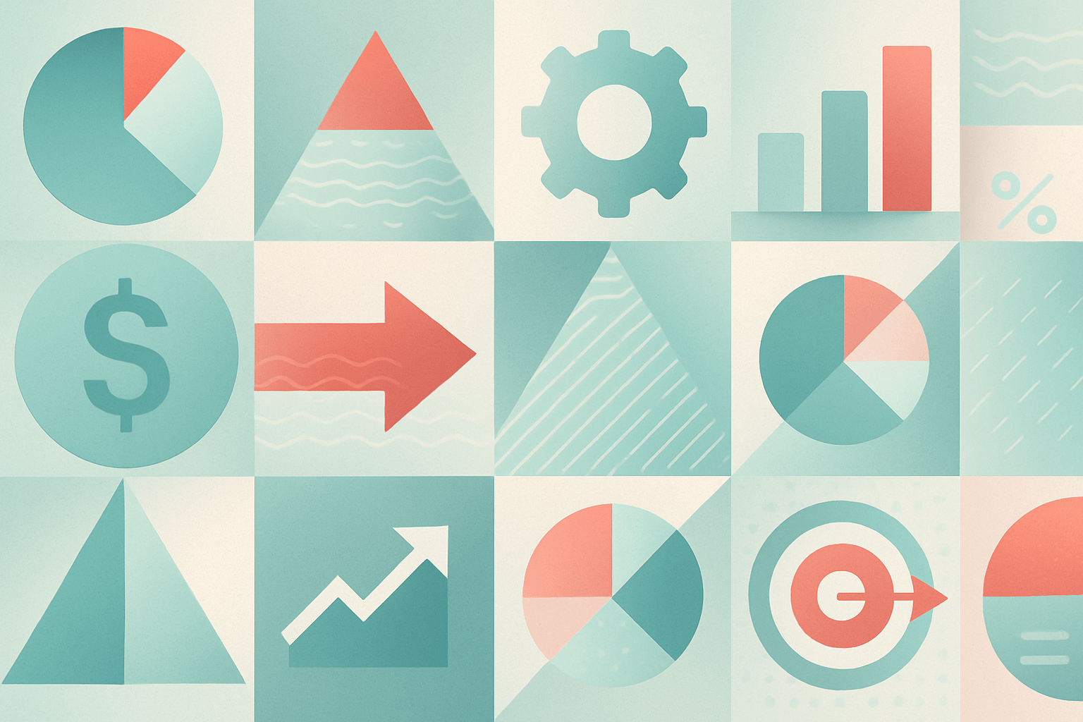 Abstract grid of financial and performance icons illustrating estimation efficiency and cost impact, aligned with Alchemy Group’s approach to smarter project planning.