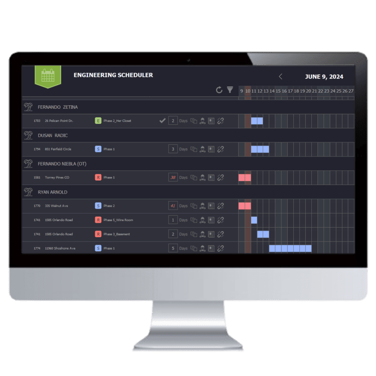 Computer screen displaying an engineering scheduler software interface used for project planning and task management.