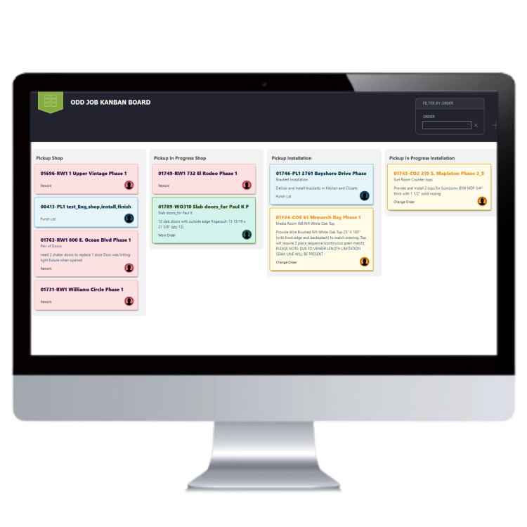 Computer screen displaying a Kanban board with color-coded task cards organized into workflow columns for tracking project progress.