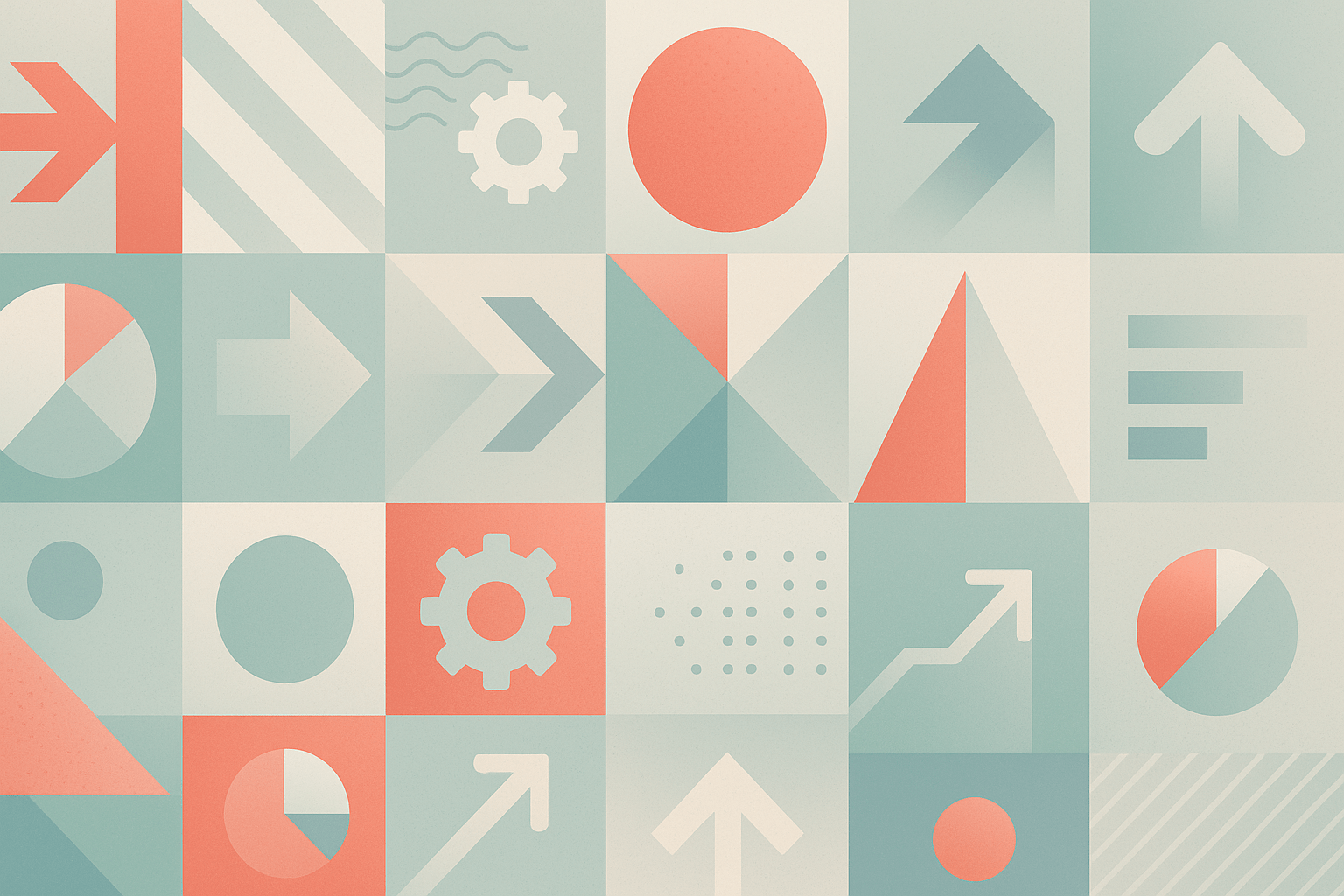 Abstract grid of charts, arrows, and process icons illustrating modern estimation and workflow optimization, aligned with Alchemy Group’s approach to scalable digital solutions.