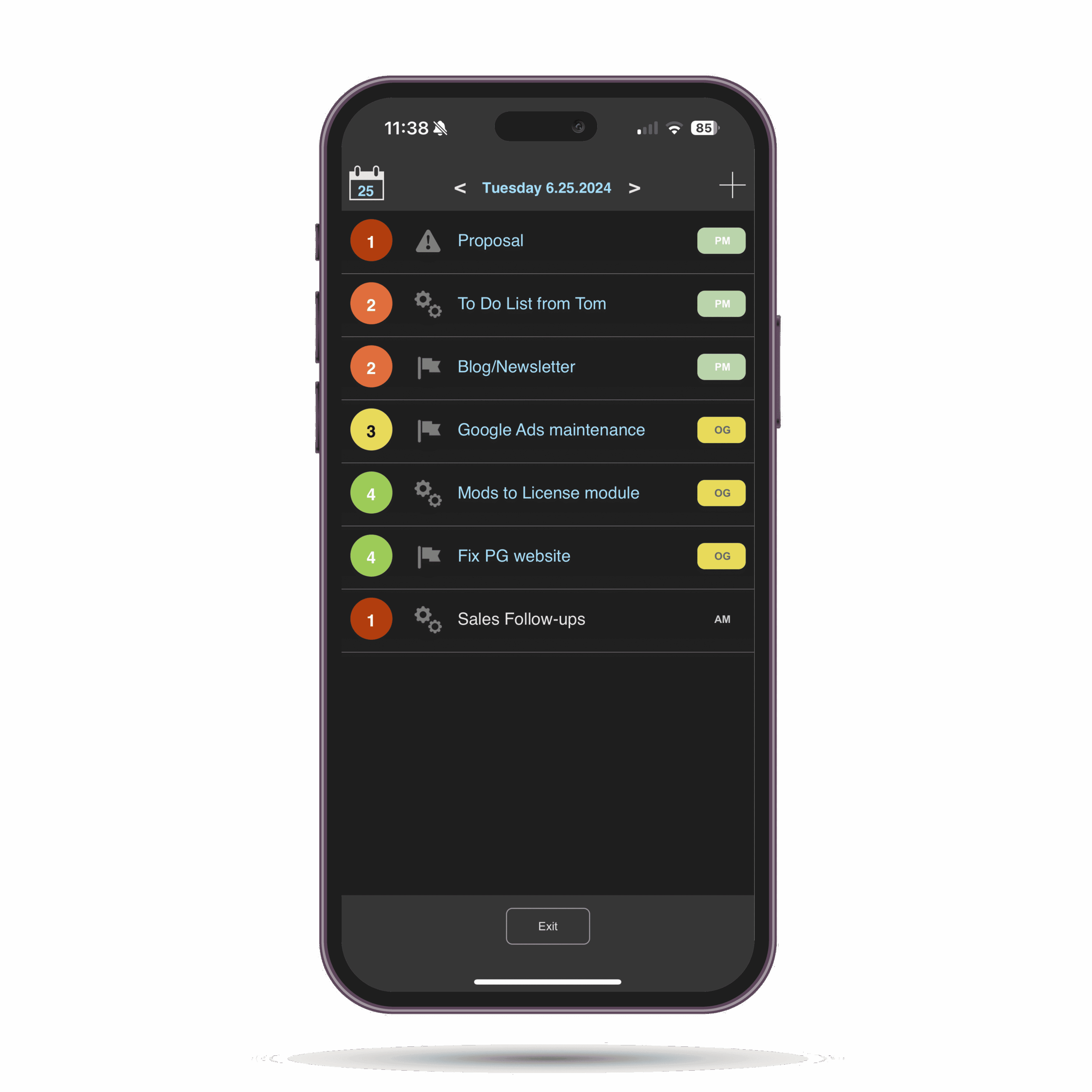 Smartphone displaying a task management app interface with a daily to-do list and project tracking features.