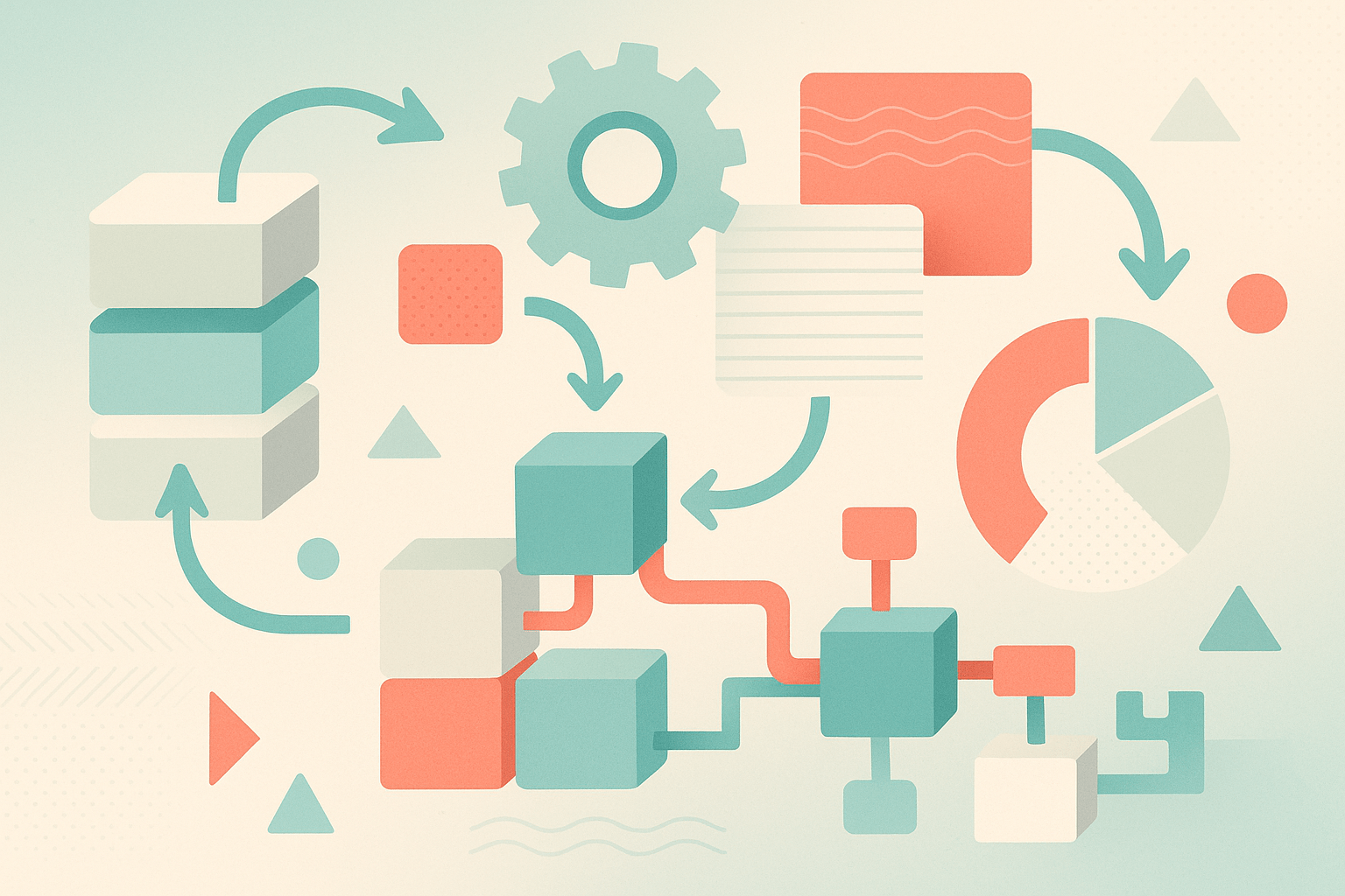 Abstract illustration of interconnected systems, arrows, and process blocks representing workflow automation and integration, aligned with Alchemy Group’s systems-focused solutions.